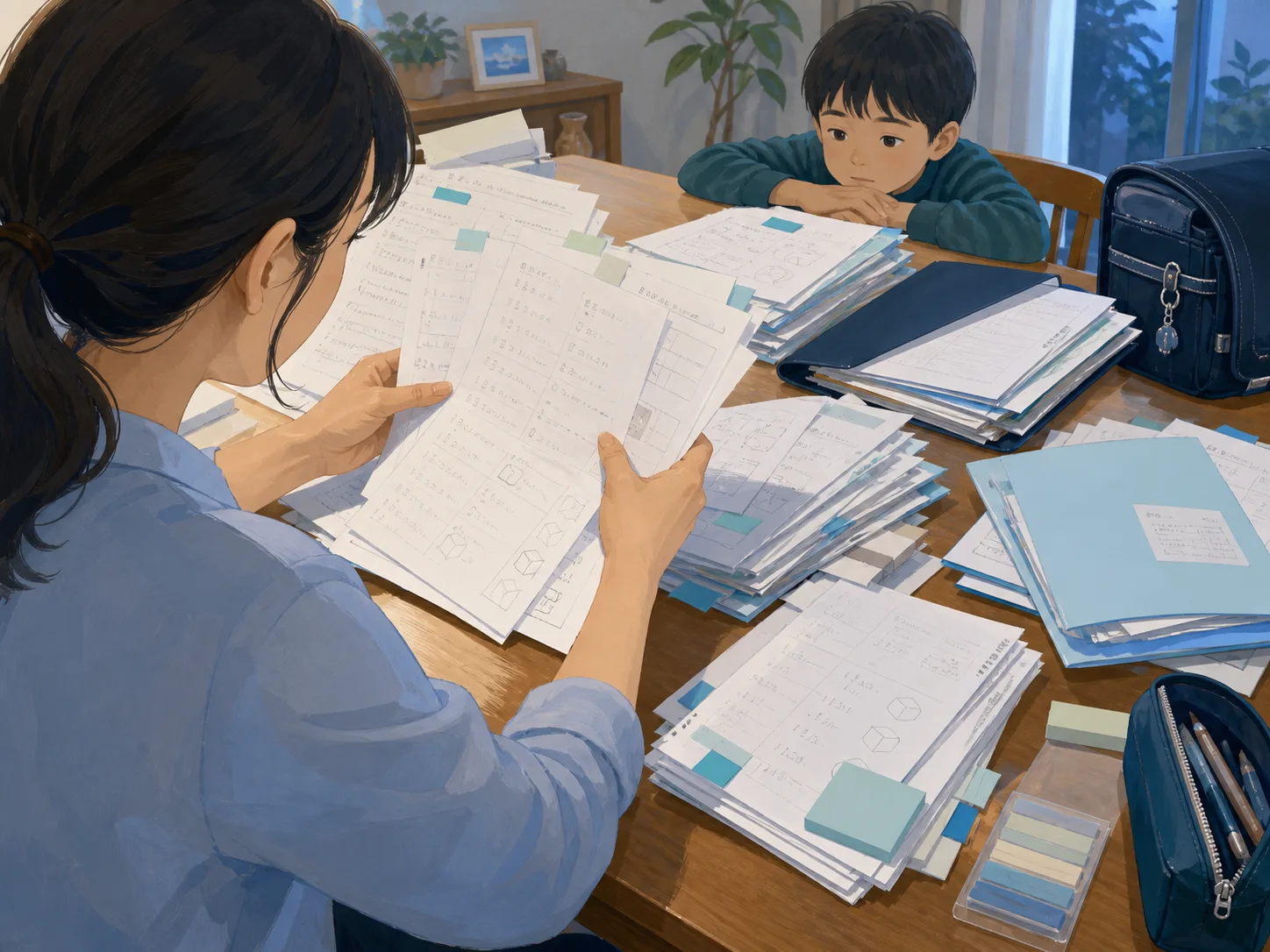 教材やプリントの山から復習する問題を探している架空の家庭学習場面の生成イラスト